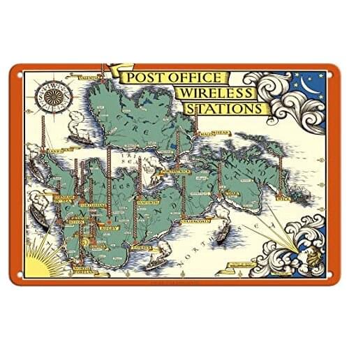 Post Office Wireless Stations - Great Britain - England - Map by Macdonald (Max) Gill c.1938- Metal Sign