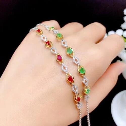 2021 new fashion emerald / ruby gem bracelet for women jewelry certified natural gem real 925 silver gold plated party gift