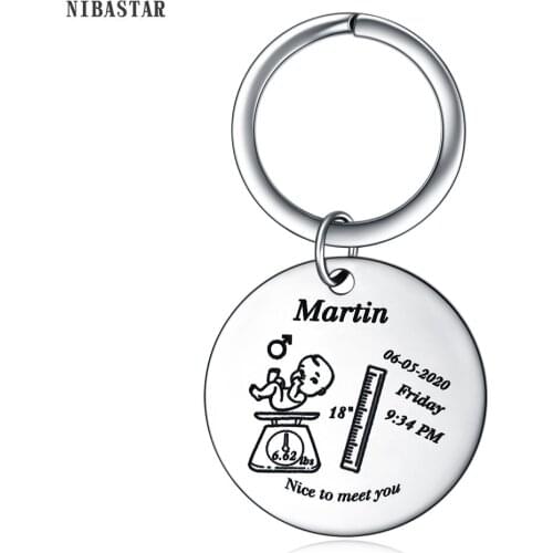 NIBASTAR Engraved Baby Date Footprint Key Chain Custom New Dad Mom Gift Baby Personalized Keepsake High Quality Keyring