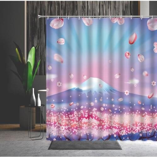 Fantasy Japanese Style Landscape Shower Curtain Japan Mount Fuji Cherry Blossom Pattern Polyester Home Bathroom Decor Curtains