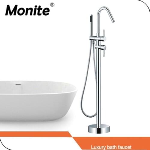 Chrome Finish Solid Brass Floor Standing Tub Shower Faucet with Hand Shower Head Bathroom Shower Systerm Set Bath