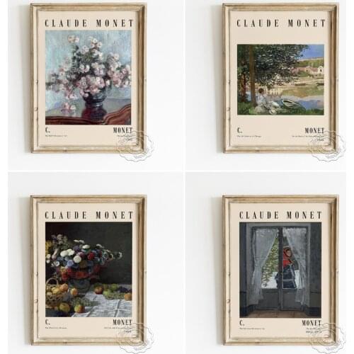 Claude Monet Exhibition Museum Poster, On The Bank Of The Seine Art Prints, The Red Kerchief Canvas Painting, Flowers Wall Decor
