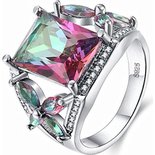 New Arrival Rectangle Colorful Crystal Rings For Women Jewelry Trendy Silver Plated Ring Girl Princess Promise Accessories