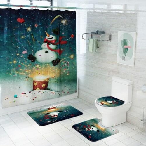 Snowman Printed Bathroom Bath Mat and Polyester Waterproof Shower Curtain Set with Hook Bathroom Shower Mat Set Toilet Floor Mat