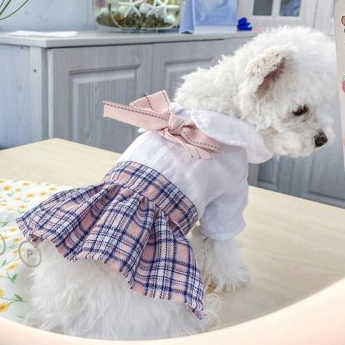 Summer Dog Dress Blue Polyester Back Bow Design Teddy Decor Turndown Collar Polyester Plaid Printing Dress одежда для собак 2021