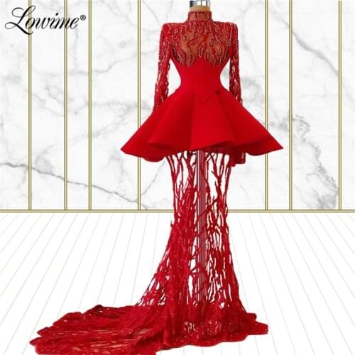 Lowime Red Evening Dress Lace Dubai Party Gowns 2021 Mermaid Long Prom Dresses Vestidos Formales Long Sleeves Plus Size Vestidos