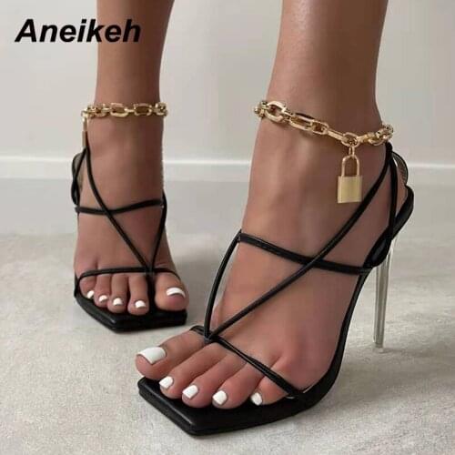 Aneikeh Fashion Cross-Tied Women Shoes Narrow Band PU Head Peep Toe Rome Zapatos De Mujer High Heels Femmes Sandales 2021 Summer
