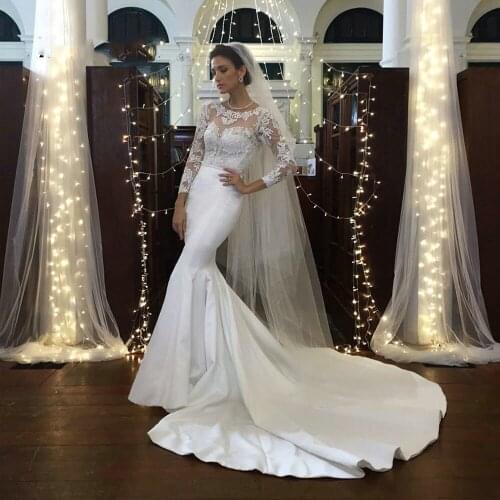 New Chic Long Sleeves Mermaid Wedding Dress Scoop Lace Applique Sexy Backless Sweep Train Fashion Bridal Gown Plus Size