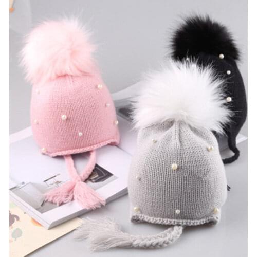 New Style Hot Sale Cute Kids Beanies Caps Child Crochet Winter Warm Knit Hats Cap Baby Boy Girls beading Hair Ball Earbud Hat