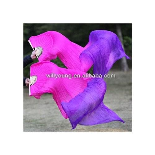 Wholesale nice color Belly Dancing long 100% Silk material Fan Veils for Dancers Pink&Purple 180cm length