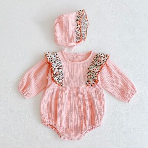 Autumn Baby Girl Clothing Toddler Girls Bodysuits Floral Flying Sleeves Baby Jumpsuit +Hat 2PCS Outfit Spring Infant One-piece
