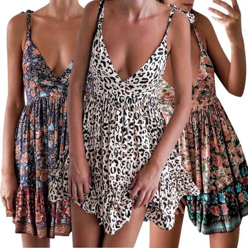 Womens Summer Fashion Dress Sexy V-neck Low-Cut Strap Halter Floral Dress (S/M/L/XL)