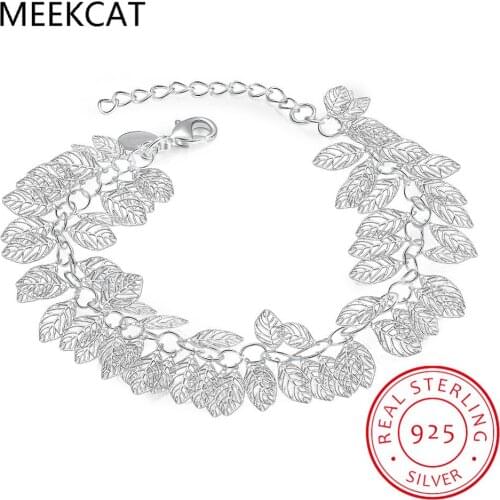 Real 925 Sterling Silver Hollow Leaves Charm Bracelet Minimalist Fine Jewelry For Women Engagement Party Cute Accessories Gift