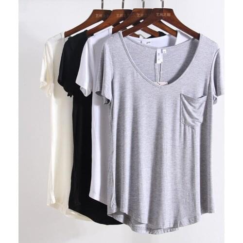 S-4xl Plus Size Women T-shirt Casual Solid Modal V Neck Short Sleeve T shirts Solid Casual Shirts Top Bottoming Free Style