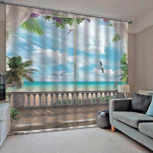 Blue beach curtains beautiful scenery 3d curtains simple and fresh modern cute cartoon thickening blackout curtains