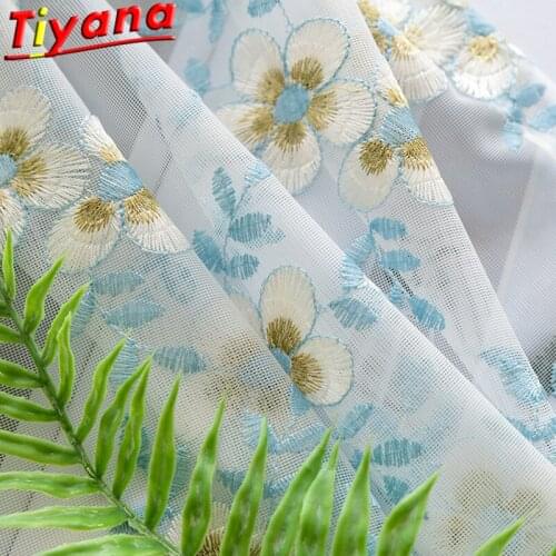Blue Cute Small Flower Embroidery Curtains for Living Room Rural Simple Tulle for Balcony Home Decoration Curtains X-HM409#30