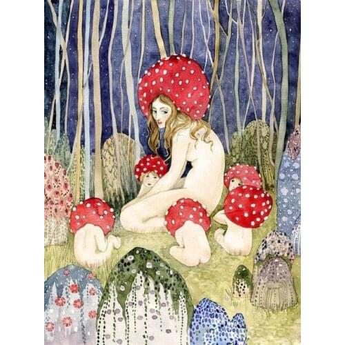 Vintage art print Poster Mother Mushroom with her childrenMushroom wall art Woodland decor Antique forest Canvas Print Painting