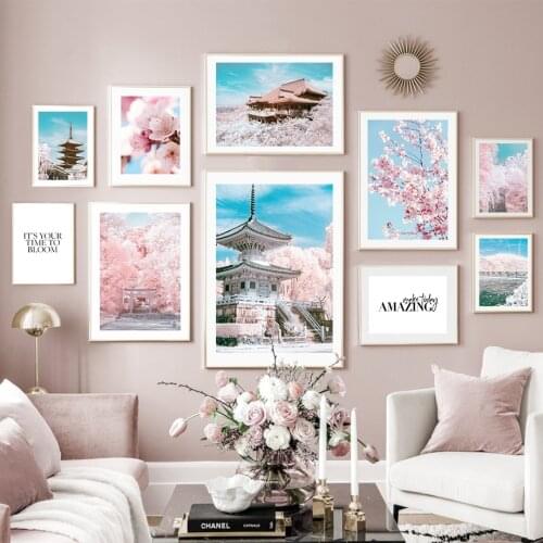 Japanese Cherry Blossom Temple Mountain Wall Art Canvas Painting Nordic Posters And Prints Wall Pictures For Living Room Decor