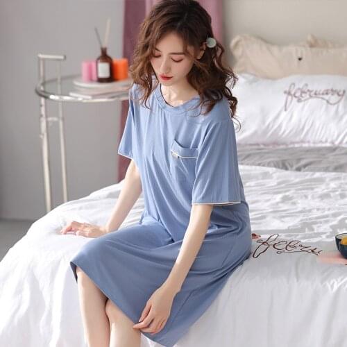 2021 Pajamas Womens Summer Modal Thread Thin Dress Solid Medium Length Sleeve Half Sleeve Nightgown Close-fitting Plus Size