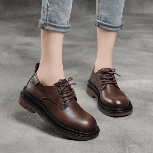 21 Spring New First Layer Cowhide Thick-soled Casual Womens Shoes Round Toe Lace-up Soft Sole Single Shoes Leather Shoes Women