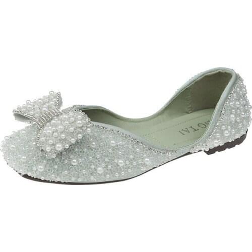 Womens 2021 new summer pearl shallow mouth flat bow soft leather soft peas shoes