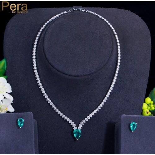 Pera Sweet Fresh Style Green Cubic Zirconia Cute Waterdrop Pendant Necklace Earrings Sets for Women 2021 Trendy Jewelry J460