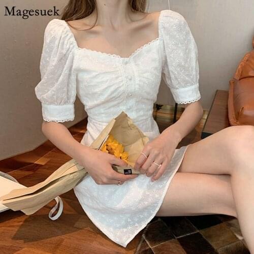 Korean White Mini Dress Women Elegant Square Collar Floral Summer Dress Puff Sleeve Hollow Casual Party Dresses Vestidos 15338