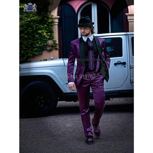 2016 Custom Made Suits Formal Wear One Button Black Shawl Lapel Mens Purple Prom Suits Groom Wedding Tuxedo (Jacket+Pants+Tie)