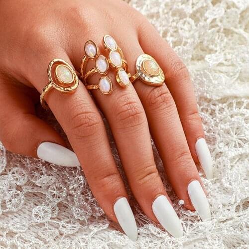 Golden color Retro 3pcs/Set Bohemia Oval white Opal Stone Rings Set for Women Men Geometric Adjustable Wedding Bands rings