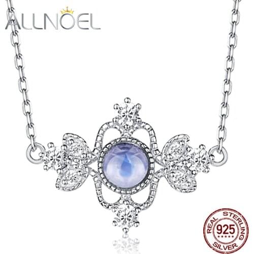 ALLNOEL 925 Sterling Silver Aurora Moonstone Necklace For Women Genuine White Gold Chains Necklaces Engagement Fine Jewelry New