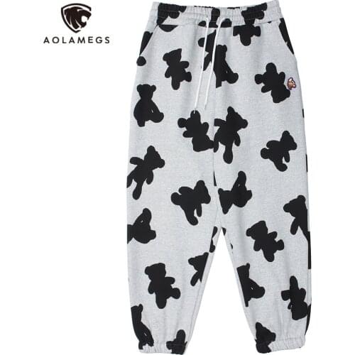 Aolamegs Sweatpants Men Cute Bear Full Print Fleece Drawstring Pants Loose High Street Hipster Trousers Autumn Casual Streetwear