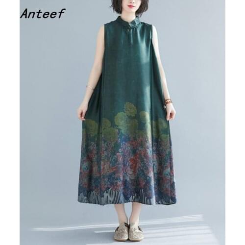 Satin plus size vintage floral women casual loose long summer beach sun dress elegant clothes 2021 ladies dresses sundress