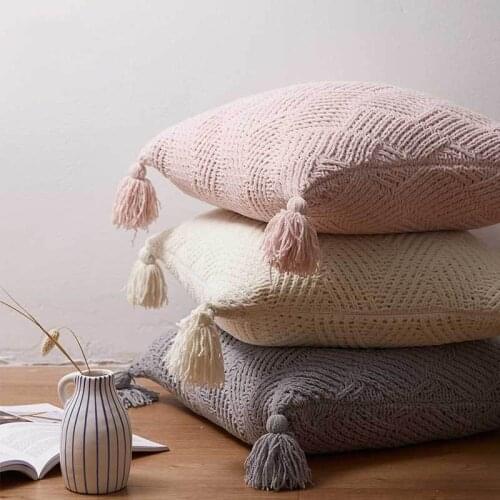 Beige Grey Navy Decorative Cushion Cover Chenille Knitted Pillow Cover with Tassels Home Sofa Bed Living Room 45x45cm Pillowcase