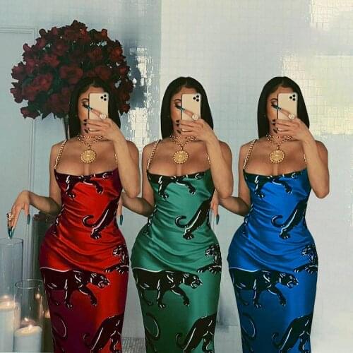 Echoine Sleeveless Metal Chain Strap Long Maxi Dress Animal Print Silk Elegant Vintage Vestidos Party Night Clubwear Outfits