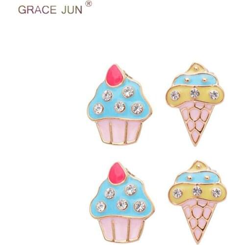 GRACE JUN Hot Sale Ice Cream Cake Lollipop Shape Clip on Earrings No Pierced for Girl Party Fashion Cute Small Cuff Earrings New