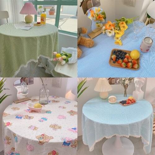 Plaid Round Tablecloth Tassel Table Cover Cotton Linen Picnic Cloth Red Background Cloth Home Dinning Table Decoration
