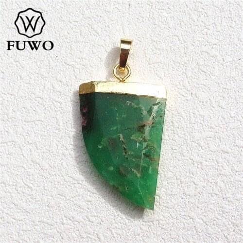 FUWO Chrysoprase Horn Pendant 24K Gold Electroplated Tusk Shape Australia Jadestone Ethnic Style Jewelry Wholesale PD100