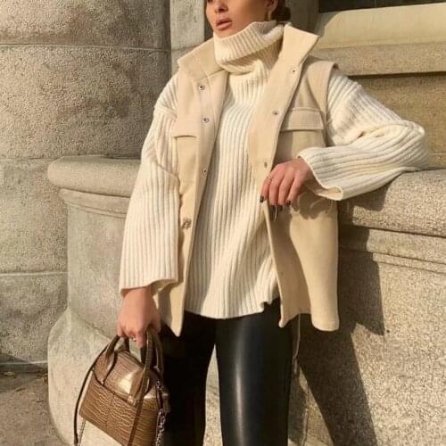 Nice Casual Woman Beige Loose Stand Collar Woolen Kintted Vest Coat New Spring Vogue Ladies Sleeveless Jacket Female Outwear