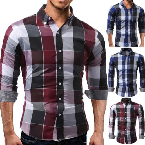 Fashion Mens Checkered Casual Handsome Men Blouse Men Slim Fit Shirts Long Sleeve Cotton Plaid Tee Shirts Casual Chemise Homme