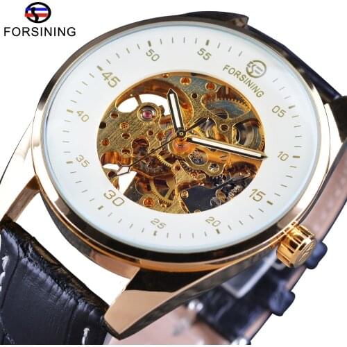 Forsining 2017 Transparent Case Genuine Leather Strap Skeleton Mens Watches Top Brand Luxury Mechanical Automatic Wrist Watches