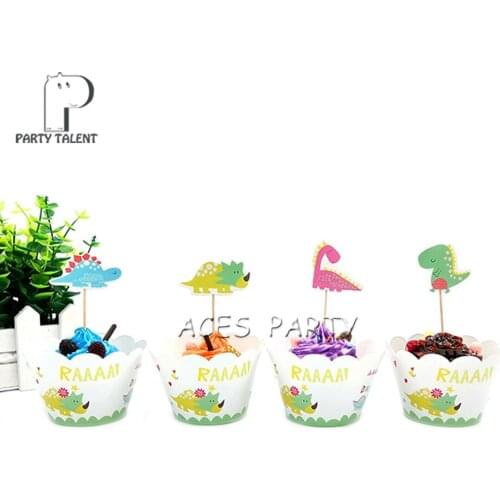 Wholesale Cake Accessory 120pcs/lot Dinosaur 60pcs Wrappers + 60pcs Toppers for Children Kids Birthday Party Cupcake Decoration