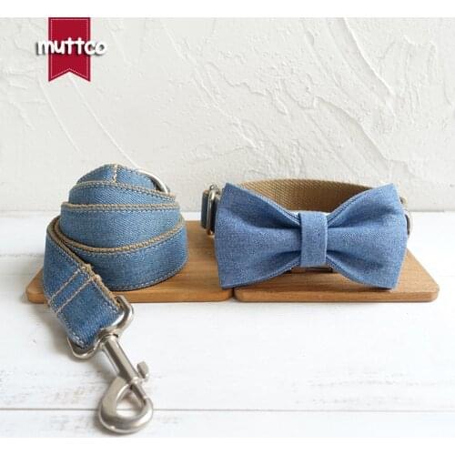 MUTTCO Handmade bowtie dog collar pet gift for dog Chihuahua THE BLUE JEAN dog collar and leash set 5 sizes UDC035