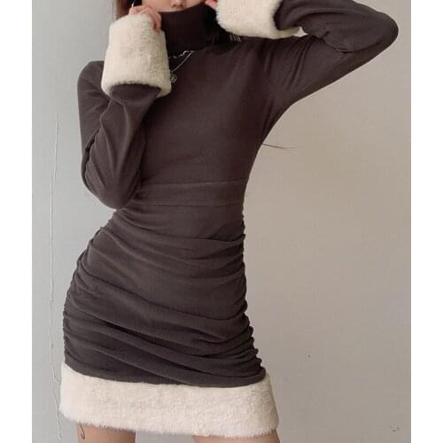 Christmas Fur Patched Turtleneck Long Sleeve Runched Mini Dresses For Women Party Fad Bodycon Lady Short Stacked Dress Winter
