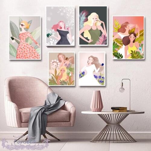 Nordic Cartoon Fashion Makeup Girl Plant Leaf Canvas Painting Wall Art Posters and Prints Decorative Pictures for Beauty Shop
