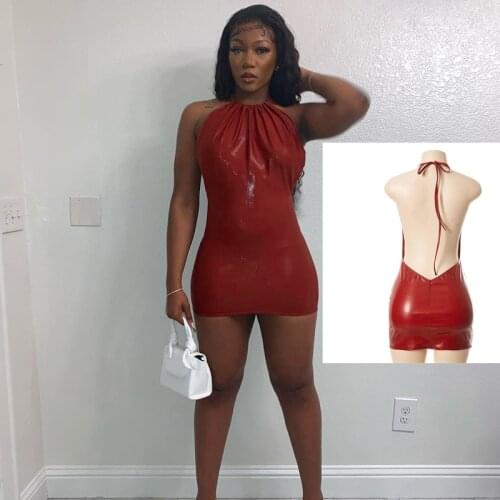 SKMY 2021 Summer New Style Sexy Solid Color Fashion PU Leather Halter Pleated Buttocks Dress Casual Bodycon Temperament Dress