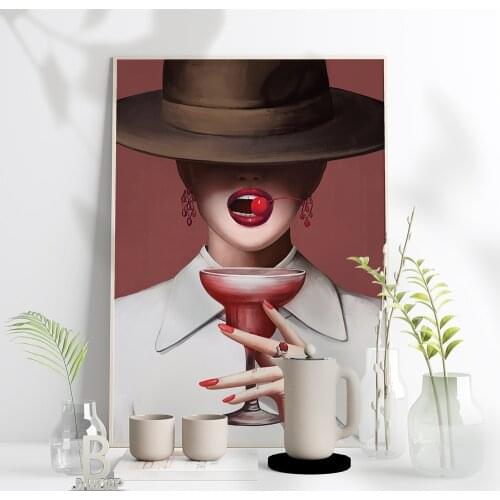 Modern Fashion Woman Wine Glass Red Lips Sexy Wall Art Canvas Painting Colours Nordic Posters Girl Woman Room Home Decor Gift