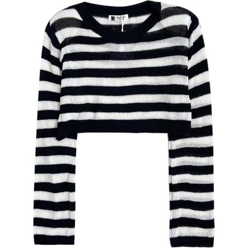 Classic black white contrast stripes summer round neck loose and thin short section long-sleeved sunscreen t-shirt