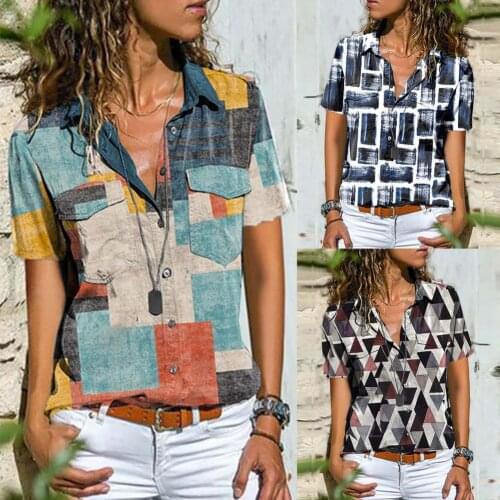 2021 summer womens short-sleeved lapel single-breasted printed casual T-shirt tops street daily wear