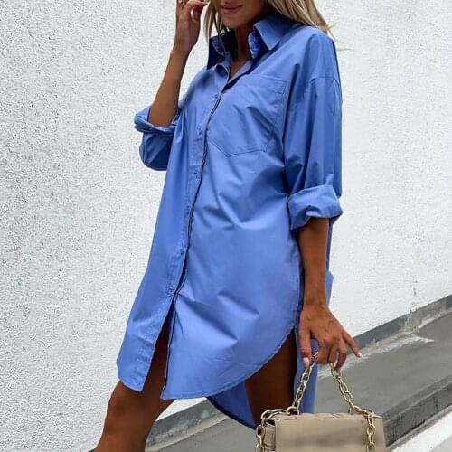 Women Shirt Turn-down Collar Solid Color Single-breasted Loose Stylish Irregular Hem Ladies Casual Shirt Formal Wear Autumn