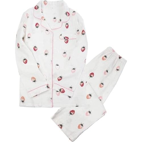 Shanghai Story Strawberry Print Cotton Pajamas Set for Women Long Sleeve Shirt + Pants PJS 3 Color